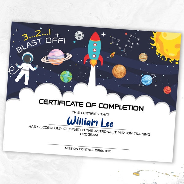 Astronaut Space Outer Space Mission Galaxy Blast Off Editable Certificate
