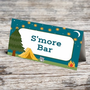 Camping Birthday Printable Editable Food Labels S&#39;Mores Bar, Trail Mix Bar, Food tent cards