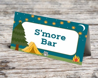 Camping Birthday Printable Editable Food Labels S'Mores Bar, Trail Mix Bar, Food tent cards