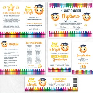 May include: A set of printable graduation cards for a kindergarten graduation ceremony. The cards feature a cartoon sun with a graduation cap and the text "Your future is bright". The cards include a programme, diploma, save the date, and ticket.
