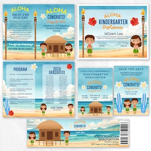 May include: A set of printable graduation invitations for a kindergarten graduation ceremony. The invitations feature a tropical theme with palm trees, a beach, and a hut. The text on the invitations reads "Aloha Congrats! Class of 2024" and includes the date and time of the ceremony.