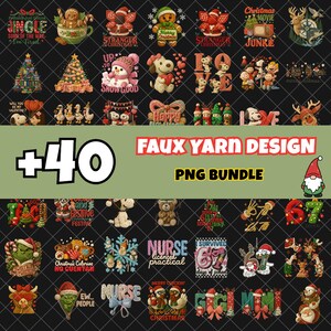 Könnte beinhalten: Sammlung von über 40 PNG-Designs mit einer Faux-Garn-Ästhetik. Die Designs zeigen weihnachtliche und winterliche Grafiken, darunter Schneemänner, Hunde und festlichen Text. Die Designs befinden sich auf einem schwarzen Hintergrund.