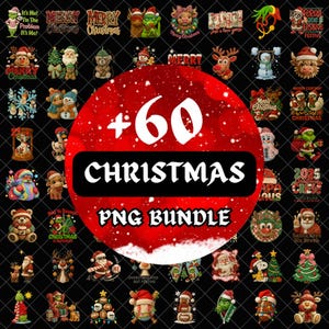 Könnte beinhalten: Eine Sammlung von 60 PNG-Bildern zum Thema Weihnachten mit verschiedenen festlichen Designs. Die Bilder zeigen den Weihnachtsmann, Rentiere, Schneemänner und andere festliche Elemente. Der Text "+60 CHRISTMAS PNG BUNDLE" ist deutlich sichtbar.