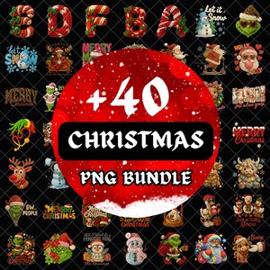 Könnte beinhalten: Eine Sammlung von 40 PNG-Bildern zum Thema Weihnachten. Die Bilder zeigen festliche Schriftzüge, Schneemänner, den Weihnachtsmann, Rentiere und andere Weihnachtsfiguren. Die Bilder sind vor einem schwarzen Hintergrund mit einem rot-weißen, gesprenkelten Overlay.