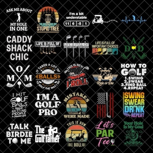 Könnte beinhalten: Eine Sammlung von Golf-Grafiken auf schwarzem Hintergrund. Die Designs enthalten Texte wie "My Hole in One", "Caddy Shack Chic" und "I'm a Golf Pro" sowie Golf-Illustrationen und -Phrasen.
