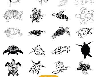 May include: A collection of 20 digital SVG files featuring various turtle illustrations in black and white. The turtles are depicted in different poses and styles, with the word "DIGITAL" and "DOWNLOAD" visible.