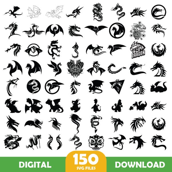 Dragon SVG bundle Files | Medieval Cut Files | Mythical Creature Vector | Fantasy Silhouette Vector | Wyvern SVG | Fire Dragon SVG