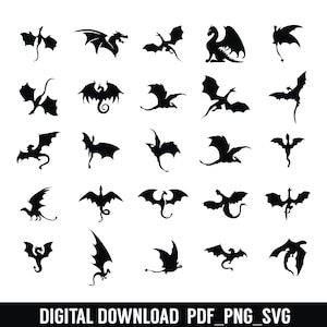 May include: A set of 25 black silhouette dragon illustrations. The dragons are in various poses, with wings spread, flying, and perched. The illustrations are perfect for use in digital projects, crafts, and more.