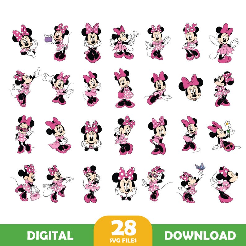 Puede incluir: Una colecci&oacute;n de 28 archivos SVG digitales de Minnie Mouse. Cada imagen presenta a Minnie Mouse en varias poses, usando su lazo y vestido de lunares rosas y blancos caracter&iacute;sticos. Las im&aacute;genes son en negro, blanco y rosa.