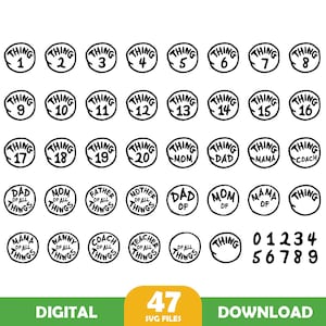 May include: A set of 47 black and white SVG files featuring the text "Thing" with numbers 1-20, the words "Mom", "Dad", "Mama", "Coach", "Teacher", "Nanny", and "Father of All Things", and the numbers 0-9.