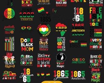 May include: A digital download graphic featuring 40 SVG files with Juneteenth and Black History designs. The designs include text and graphics in red, green, yellow, and black, celebrating freedom and heritage.