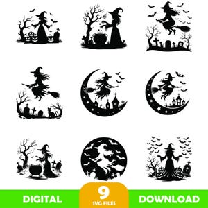 May include: A collection of nine black and white Halloween-themed SVG files. The designs include silhouettes of witches, bats, pumpkins, trees, and a cauldron. The word "DIGITAL" is at the bottom left, and "DOWNLOAD" is at the bottom right.