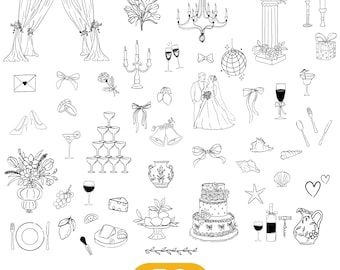Hand Drawn Wedding Icons SVG, Wedding Timeline Clipart, Wedding Illustrations PNG, Line Art Wedding Icons, Champagne Illustrations
