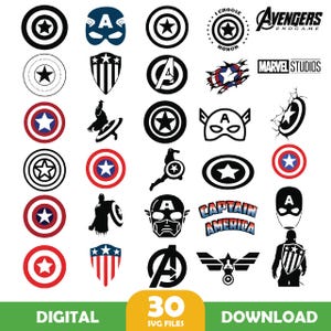 May include: A set of 30 digital SVG files featuring Captain America and Avengers logos. The logos are in black, white, red, and blue. The logos include the Captain America shield, the Avengers logo, and the Marvel Studios logo.