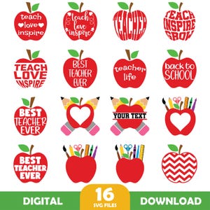 May include: A selection of red apple designs with text such as "teach love inspire" and "best teacher ever." Some apples incorporate pencils, scissors, and other school supplies. The image also includes the words "DIGITAL" and "DOWNLOAD."