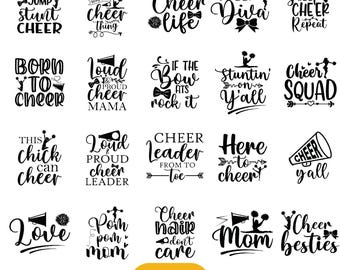 May include: A collection of 20 digital SVG files with cheerleading-themed phrases and graphics in black. Phrases include "Cheer Life," "Cheer Diva," and "Cheer Squad." The image also includes the words "Digital" and "Download."