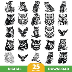 May include: A collection of 25 black and white owl illustrations in various poses. Some owls are perched on branches, while others are in flight. The word "DIGITAL" is at the bottom left, and "DOWNLOAD" is at the bottom right.