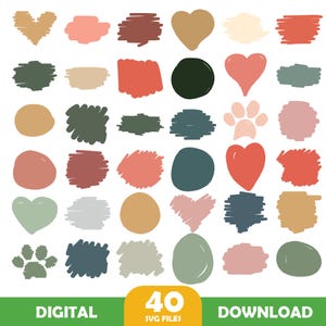 May include: A digital graphic design featuring 40 SVG files with various shapes and designs. The image includes hearts, paw prints, and abstract brush strokes in a palette of muted colors. The word "DIGITAL" is at the bottom left, and "DOWNLOAD" is at the bottom right.