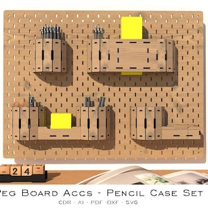 May include: A wooden pegboard with several wooden pencil holders and shelves. The pegboard has a grid of holes for attaching the accessories. The image also includes a wooden calendar with the number 24 displayed, and the text "PEG BOARD ACCS - PENCIL CASE SET".