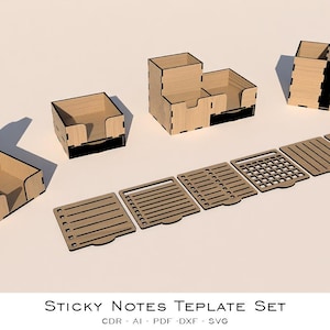 以下が含まれることがあります： レーザーカットされた木製の付箋テンプレートのセット。セットには、さまざまなホルダーとメモ帳が含まれています。画像の下部には「Sticky Notes Template Set」というテキストが表示されています。テンプレートは、黒いアクセントが付いた明るい茶色の木材で作られています。