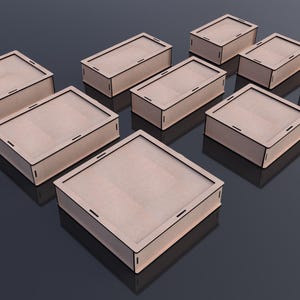 Set opbergdozen: doos met schuifdeksel lasergesneden.  6 Maat.  3 maten met verschillende opties om deksel te openen. Houten geschenkdoos. Lasersnijbestanden