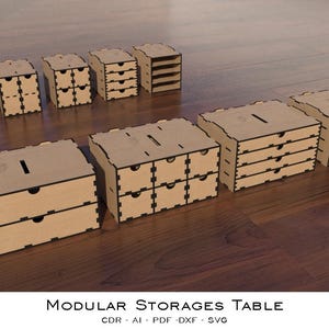 Ensemble modulaire découpé au laser de 5 petites et 4 grandes boîtes avec tiroirs, organiseurs avec petits compartiments. Fichier numérique Cdr Ai Svg Dxf Pdf