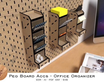PegBoard Accessories Office tools organizer . Wall Organizer. Laser cut Files. 3 Different Size.  Compatible with Ikea's Peg Board.