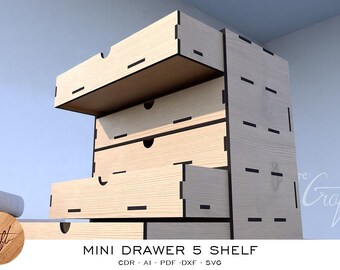 Laser Cut Desk Organizer 5 Drawers, Digital File (Cdr, Dxf, Svg, Pdf, Ai)