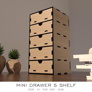 Small Desk storage Organizer 5 Drawers Laser Cut File, Drawer Box, Filling Cabinet. Digital File Cdr, Dxf, Svg, Pdf, Ai