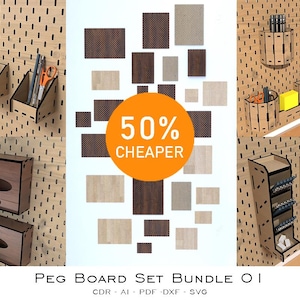 Könnte beinhalten: Ein Pegboard-Set-Bundle mit verschiedenen Holz-Aufbewahrungszubehör. Das Set enthält Regale, Boxen und Halter für Stifte, Bleistifte und andere Gegenstände. Das Bild zeigt auch ein Schild mit der Aufschrift "50% günstiger".