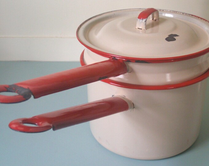 Cream and Red Enamel Double Boiler Etsy