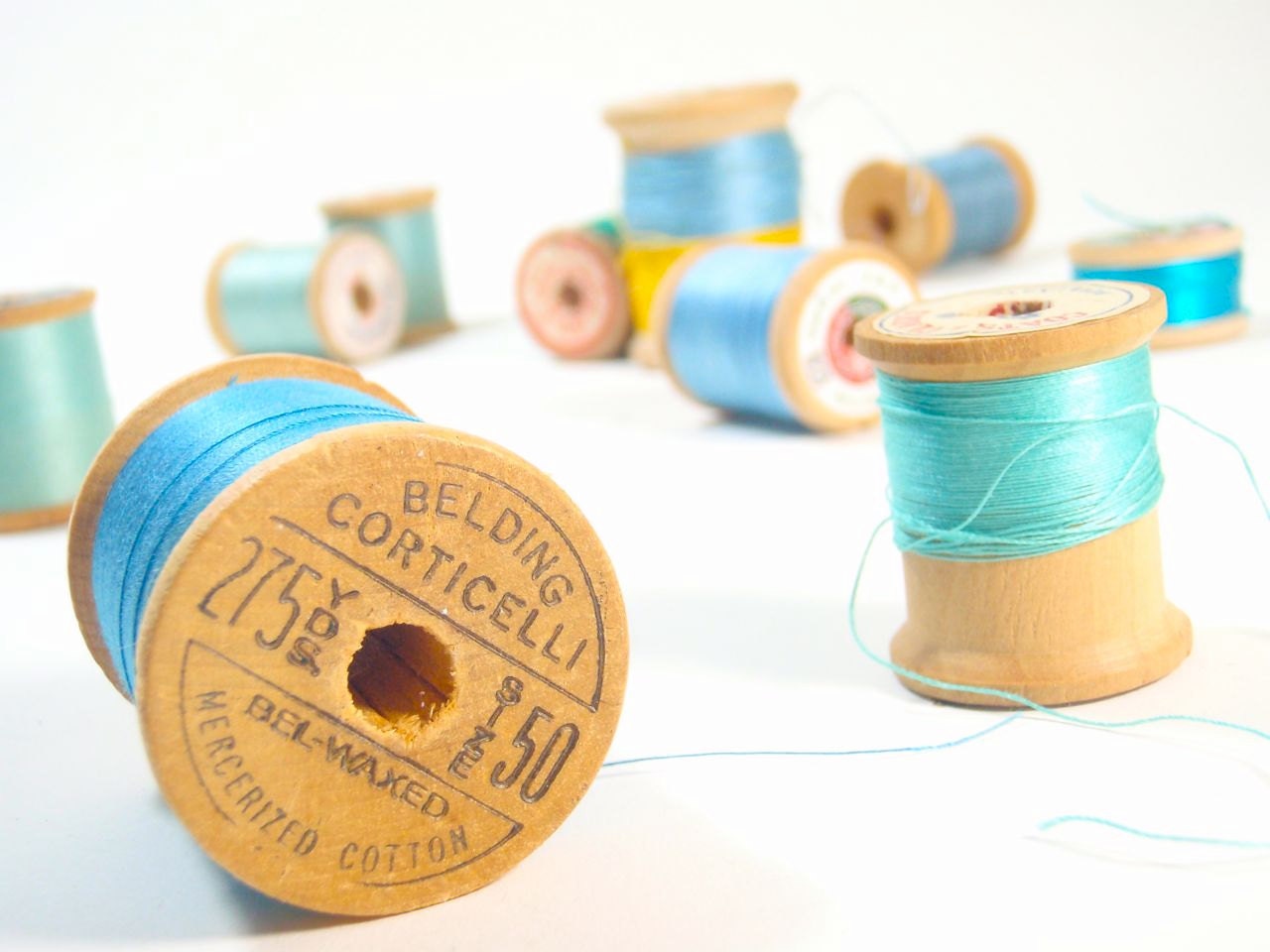 Wooden Spools of Thread - Blues & Turquoises