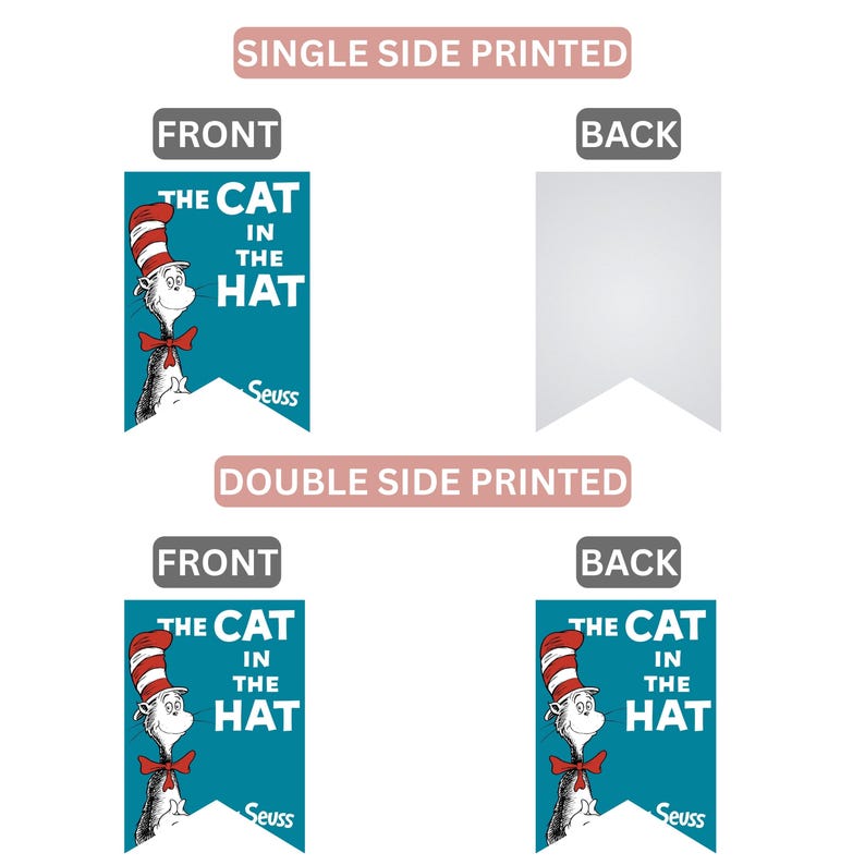 May include: A banner featuring the Cat in the Hat character from Dr. Seuss. The front of the banner is teal with the character and text. The back is white. The image shows both single and double-sided print options.