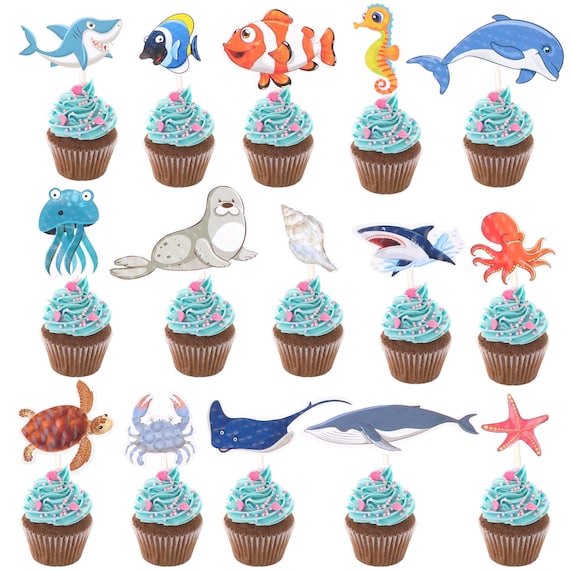 Onder de zee babyshower cupcake toppers, 4 ontwerpen, oceaandieren, zeedieren, nautische babyshower decoraties, afdrukbaar decor, genderneutraal - Nederland
