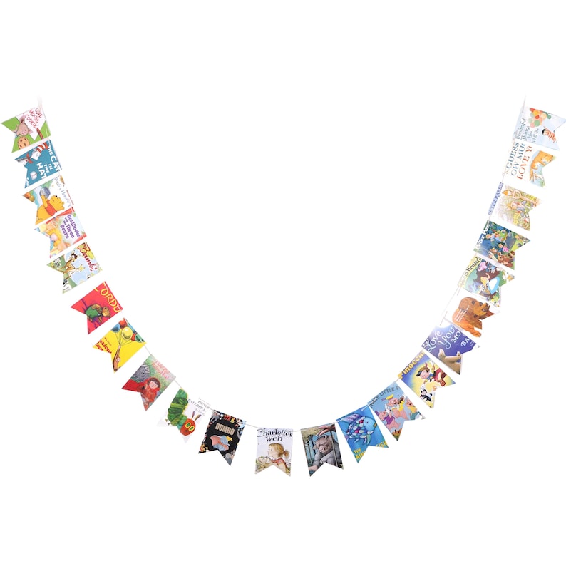 May include: A garland of small, colorful pennants, each featuring a book cover illustration. The pennants are strung together, creating a festive banner. The illustrations include children's book titles like "The Cat in the Hat" and "Charlotte's Web".
