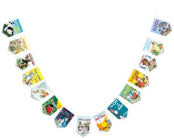 Guirnalda de libros: pancarta de cuentos de 15 banderines precolgada, 2,7 m (9 pies) - Decoración para habitación infantil, decoración de pared para guardería, baby shower, decoración para fiestas en el aula