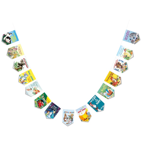 Book Garland – Pre-Strung 15 Flag Storybook Banner, 9 ft – Kids Room Décor, Nursery Wall Hanging, Baby Shower , Classroom Party Decoration
