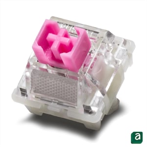 Könnte beinhalten: Ein klarer mechanischer Tastaturschalter mit einem leuchtend rosa Schaft. Der Schalter hat ein transparentes Gehäuse und eine weiße Basis. Der rosa Schaft hat ein kreuzförmiges Design. Für mechanische Tastaturen.