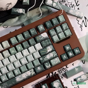 Green Floral Japanese Keycap Set – 140 PBT Custom Keycaps for Mechanical Keyboard | Cherry Profile Keycaps