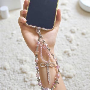 Handmade Sparkly Beaded Phone Charm Wristlet | Kawaii Bow Accessory