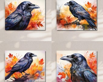 Spooky Season Fall Crows: Set of 4 Blank Greeting Cards with Envelopes