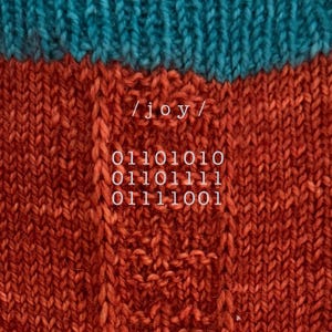 May include: A knitted fabric featuring a horizontal band of teal yarn at the top and a textured rust-orange section below. The rust-orange area displays the text /joy/ followed by three lines of binary code: 01101010, 01101111, and 01111001.