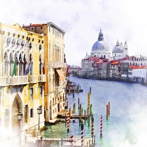 Op de afbeelding: Waterverfschilderij van Venetië, Italië, met gebouwen langs een kanaal. De gebouwen zijn in tinten geel en beige, met rode pannendaken. Op de achtergrond is een grote kerk met een blauwe koepel te zien. Houten palen met rood-witte strepen staan langs het kanaal.