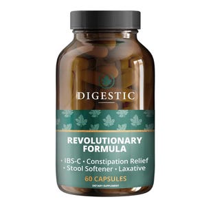 May include: A brown plastic bottle with a black cap containing 60 capsules. The label features the text DIGESTIC, REVOLUTIONARY FORMULA, IBS-C, Constipation Relief, Stool Softener, and Laxative, with a teal band decorated with leaf icons.
