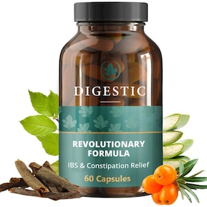 May include: A brown glass bottle with a black cap labeled "DIGESTIC" and "REVOLUTIONARY FORMULA" for IBS & Constipation Relief. The bottle contains 60 capsules and is surrounded by green leaves, aloe vera, and orange berries.
