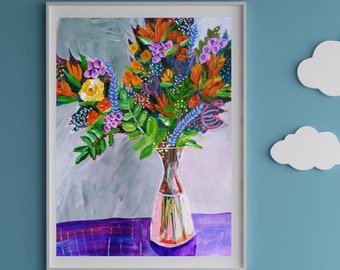 Print of Original Painting Whimsical Floral Painting Bold Color Poster Fairy Tale Bouquet