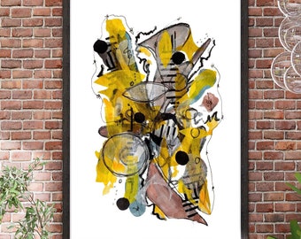 Yellow Abstract Print with Black, White and Neutrals Mid-Century Mod Wall Art Living Room Decor Organic and Geometric Shapes Dorm Art