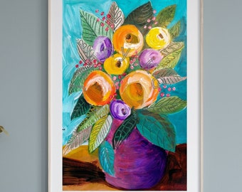 Flower Bouquet Wall Art Orange and Yellow Flowers Art Print of Original Painting Heavily Textured Paintings