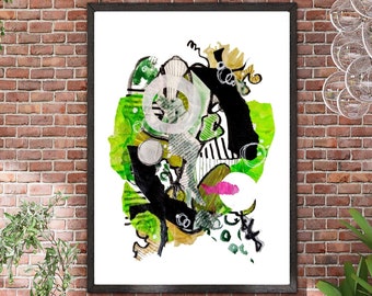 Green Abstract Poster Geometric and Organic Shapes New Contemporary Art Collage and Paint Living Room Dorm Room Wall Art Home Decor
