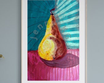 Whimsical Bright Pear Wall Art Print of Original Painting Kitchen Wall Decor Yellow Wall Art